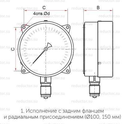 Рисунок 3 — Исполнение с задним фланцем и радиальным присоединением